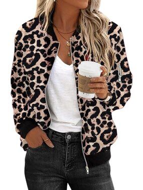 Women's Leopard Zeagoo Bomber Clothes Pockets Jacket ZIP Up Spring Casual Coats